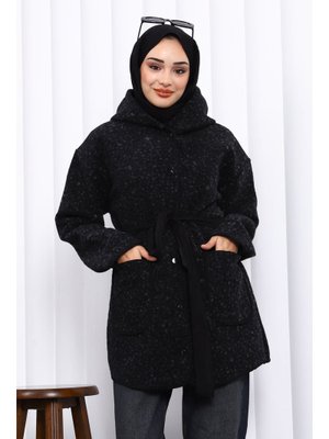 İmaj Butik Siyah Çırçıtlı Kuşaklı Kaşe Kaban