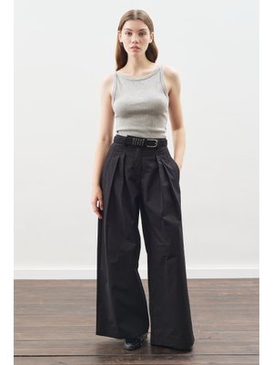 MANUKA Siyah Geniş Pileli Gabardin Pantolon