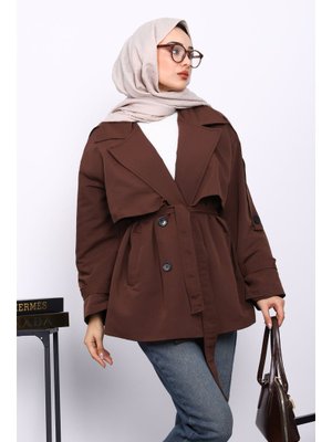 İmaj Butik Kahverengi Kravuze Yaka Düğmeli Kısa Trençkot