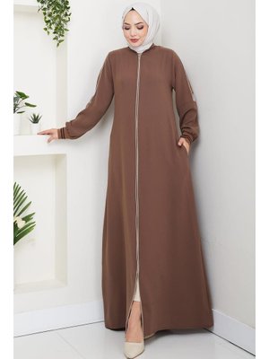 Hafsa Mina Kahverengi Biye Detaylı Ferace