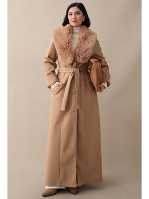 InStyle Yakası Kürklü Astarlı Kuşaklı Camel Kaşe Kaban