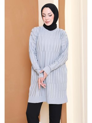 Tofisa Gri Grı Janjanlı Triko Tunik