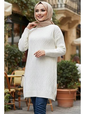 Neva Style Desenli Ekru Triko Kazak Tunik 86541e