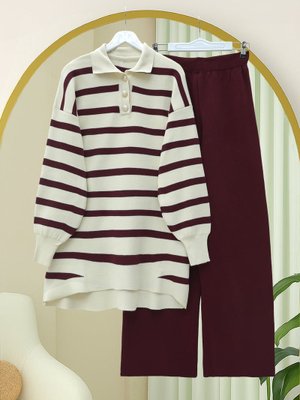 Podyumplus Bordo Polo Yaka Düğmeli Çizgili Triko Takım