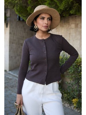 InStyle Basic Düğmeli Acı Kahve Waffle Hırka