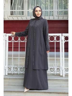 Neva Style Boncuk İşlemeli Füme Abaya 29131fu