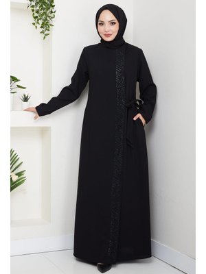 Hafsa Mina Siyah Gizli Fermuarlı Yandan Bağlamalı Boncuklu Ferace
