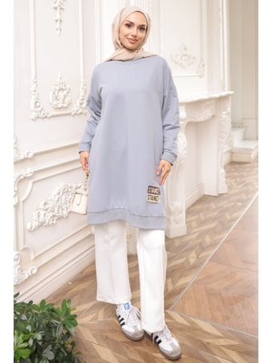 İmaj Butik Gri Bisiklet Yaka Armalı Tunik