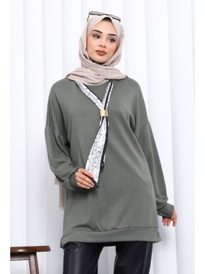 İmaj Butik Haki Fular Aksesuarlı Modal Tunik
