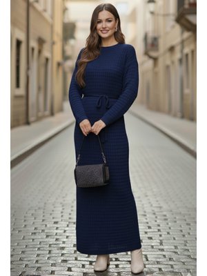Benguen Lacivert Palmiye Fileli Triko Elbise