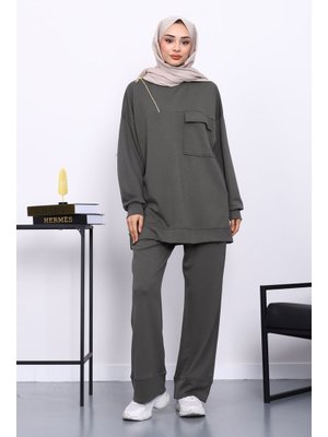 İmaj Butik Haki Tek Cepli Tunik Pantolonlu Modal Takım