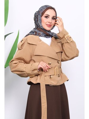 İmaj Butik Camel Kruvaze Yaka Kemerli Kısa Trençkot