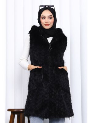 İmaj Butik Siyah Kapüşonlu Astarlı Kürk Yelek