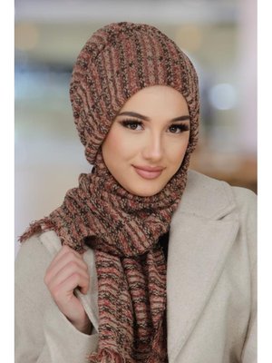 AİŞE TESETTÜR Taba Triko Kelebek Bone Şal