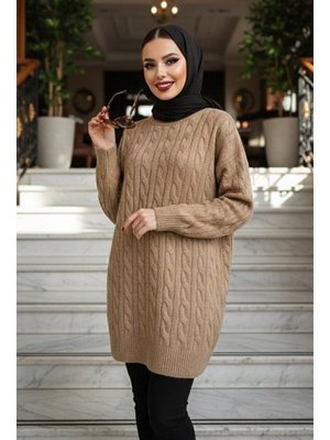 Neva Style Örgü Detaylı Camel Triko Kazak Tunik 8263c