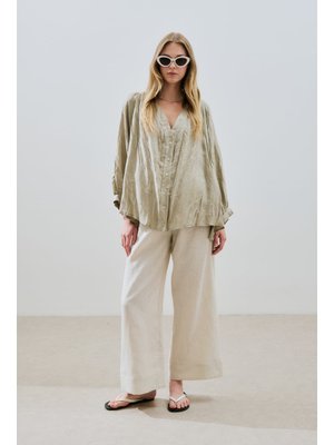 MANUKA Yeşil Keten Crush Düğmeli Bluz