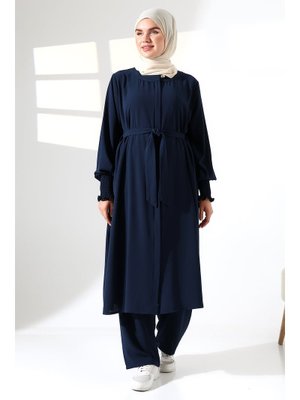 İhvanonline Lacivert Keten Hac Ve Umre Kıyafeti Kemerli İkili Takım