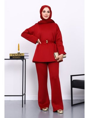 İmaj Butik Bordo Kemerli Tunik Pantolonlu Scuba Takım