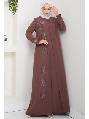 Hafsa Mina Kahverengi Büyük Beden Yaprak Taşlı Anne Elbisesi