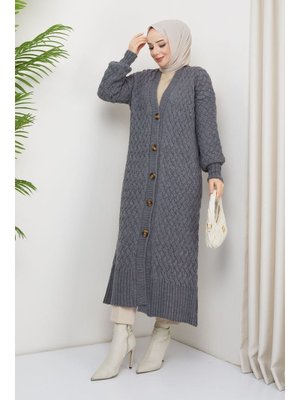 Pamuk Butik Antrasit Sepet Örgü Düğmeli Tam Boy Triko Hırka