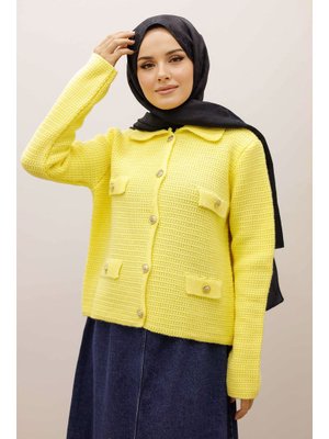 Tesettür Dünyası Sarı Süs Cepli Triko Hırka
