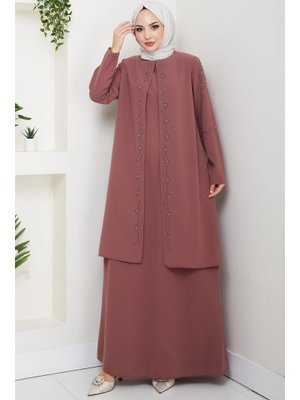 Hafsa Mina Kiremit Büyük Beden Boncuklu Taşlı Anne Elbisesi