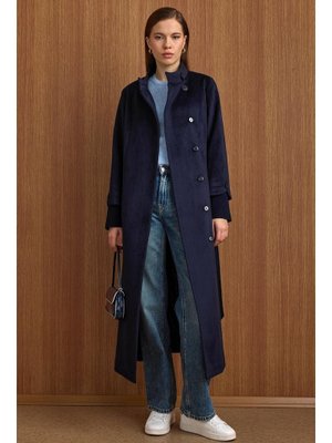 Olcay Lacivert Hakim Yaka Ribana Detaylı Uzun Moher Kaban