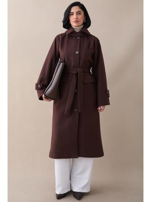 InStyle Yakası Apoletli Kapak Cep Acı Kahve Kaşe Kaban