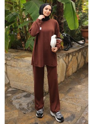 İmaj Butik Kahverengi Armalı Tunik Pantolonlu Takım