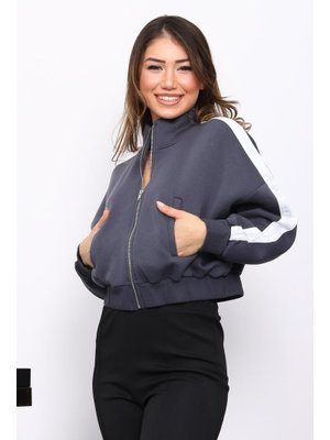 İmaj Butik Antrasit Fermuarlı Üç İplik Sweat Hırka