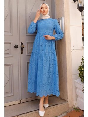 Neva Style Kol Ucu Lastikli İndigo Mavisi Elbise 1073ım