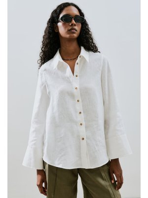 MANUKA Ekru Keten Geniş Manşetli Gömlek