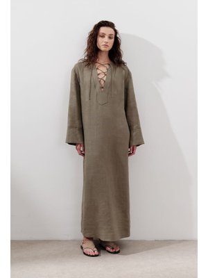 MANUKA Haki Keten Bağlama Detaylı Elbise