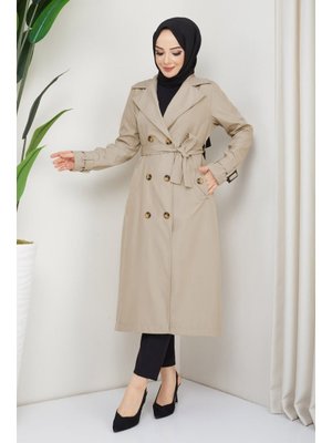 InStyle Kruvaze Yaka Kuşaklı Astarlı Krem Trençkot