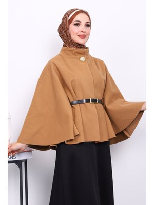 İmaj Butik Camel Kemerli Kaşe Panço
