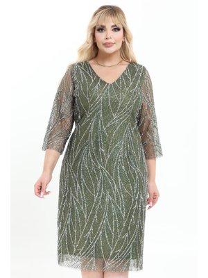 Ladies First Büyük Beden Haki Kısa Abiye Elbise