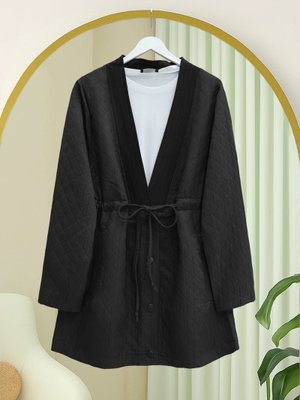 Podyumplus Siyah V Yaka Beli Bağcıklı Cepli Düğmeli Kap