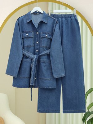 Podyumplus Mavi Beli Kemerli Cepli Önü Düğmeli Kot Takım