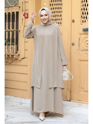 Neva Style Boncuk İşlemeli Bej Abaya 29131bej