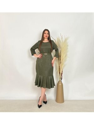 De White`s Yeşil Büyük Beden Alt Etek Kısmı Balık Detaylı Kemerli Elbise