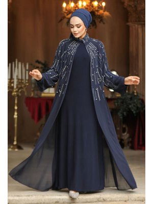 Neva Style Boncuk İşlemeli Lacivert Abaya Takım 25903l
