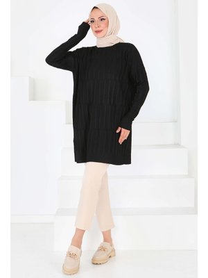 Tofisa Siyah Sıyah Janjanlı Triko Tunik