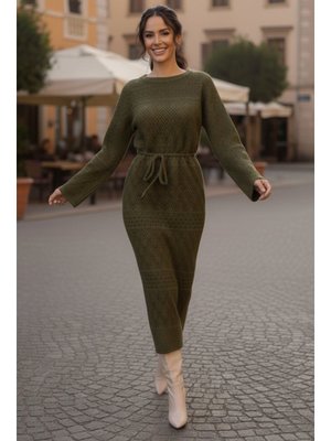 Benguen Haki Baklava Desenli Fileli Triko Elbise