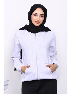 İmaj Butik Açık Gri Kanguru Cepli Şardonlu Üç İplik Hırka