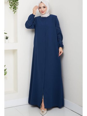 Hafsa Mina İndigo Kolları Taşlı Büyük Beden Ferace