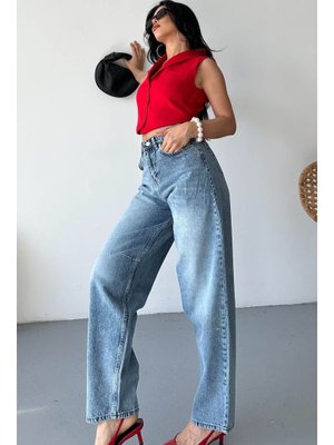 Tofisa Mavi Mavı Tokalı Baggy Kot Pantolon