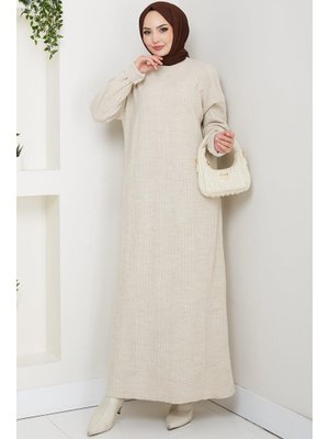 Hafsa Mina Taş Rengi Fitilli Triko Elbise