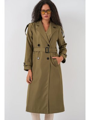 Bigdart Haki Kruvaze Yaka Uzun Trençkot