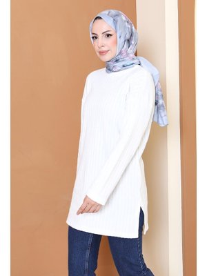 Tofisa Beyaz İnterlok Yırtmaçlı Tunik