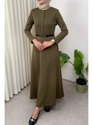 Salih Çelebi Haki Scuba Suni Deri Kemerli Elbise